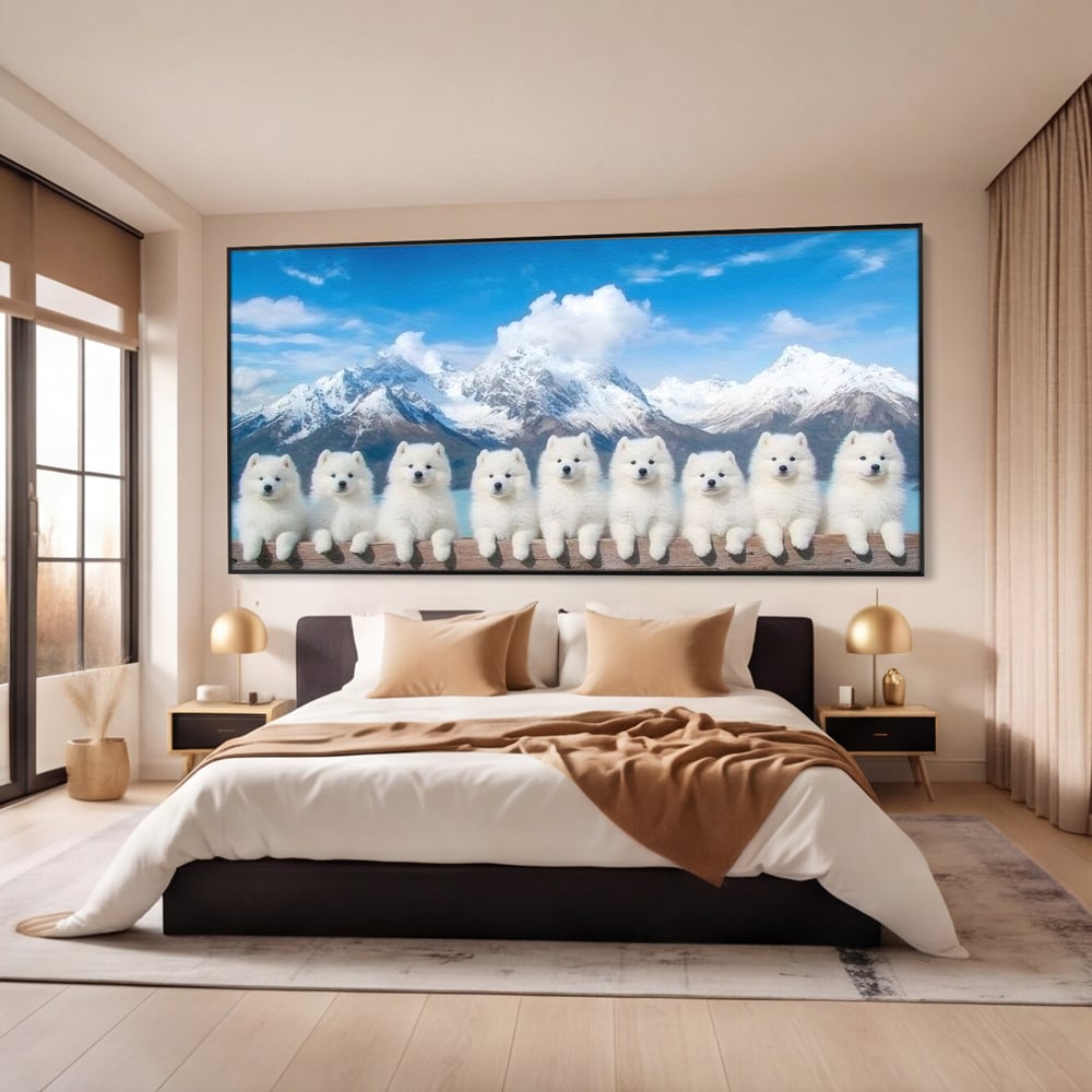 Tablou canvas cu tablou canvas cu sapte catei pe munti, in rama de aluminiu negru, pe perete intr-un dormitor